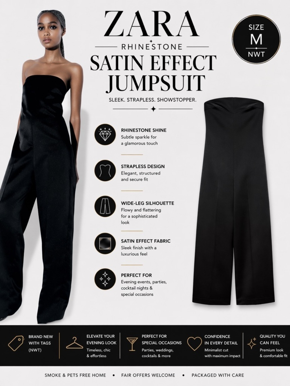 ZARA Black Rhinestone Satin Effect Strapless Jumpsuit NWT Size M